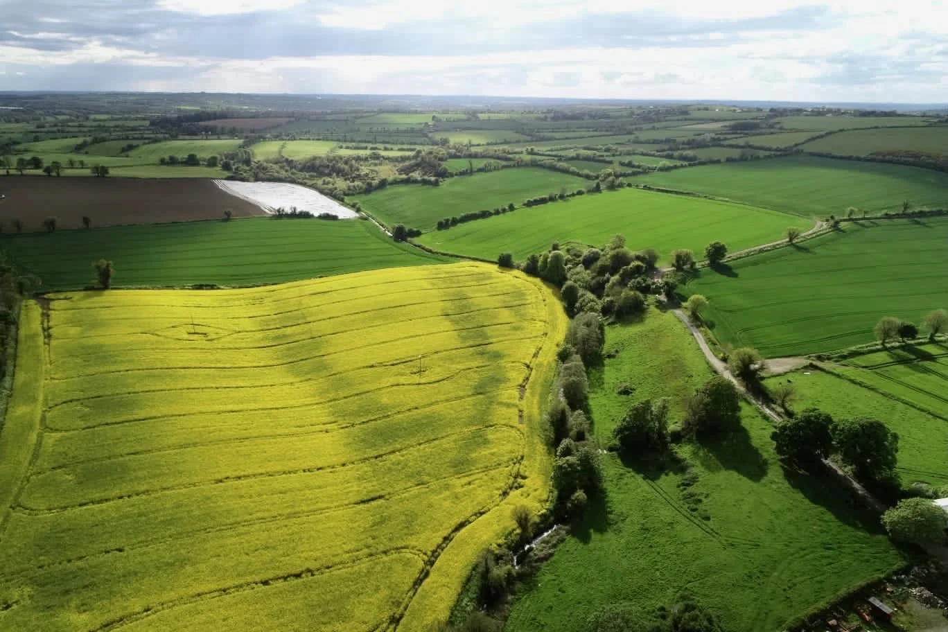 An aerial view of the green fields and hedgerows on Peadar’s farm in Ireland